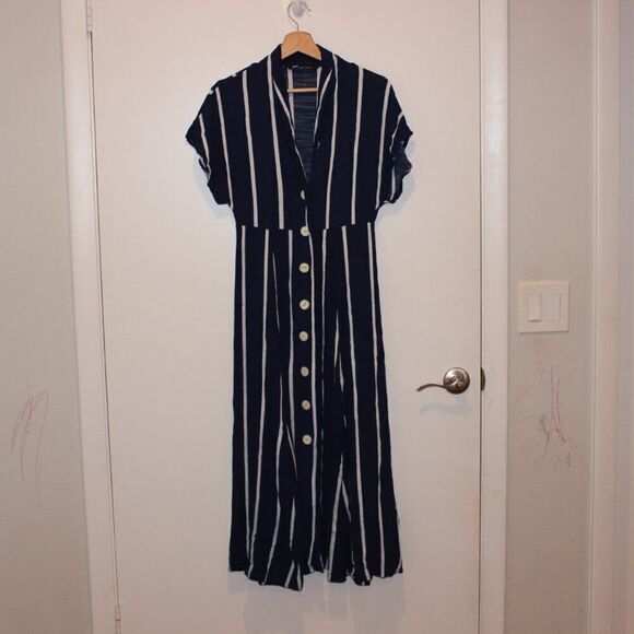Zara Navy Blue & White Stripes Button Details midi Dress Women's Size M - Picture 2 of 13